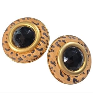 Vintage Large Animal Print and Black Faceted Stone Round Clip-on Earrings